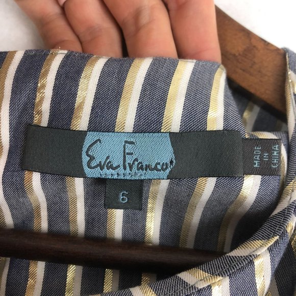 Eva Franco Women's Size 6 Blue White Gold Lurex Striped Tie Front Blouse - Picture 7 of 11